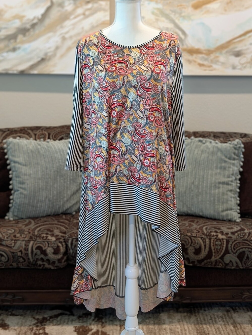 Paisley High-Low Tunic with Striped Trim - Multicolor